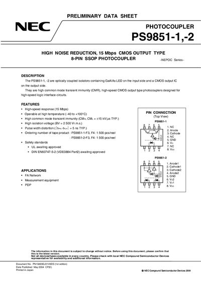 NEC PS9851-1/PS9851-2 Optocoupler Data Sheet - cover page