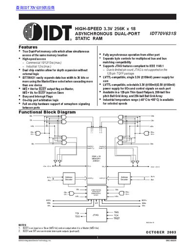 IDT IDT70V631S High-Speed 3.3V 256K x 18 Asynchronous Dual-Port Static RAM Datasheet - cover page
