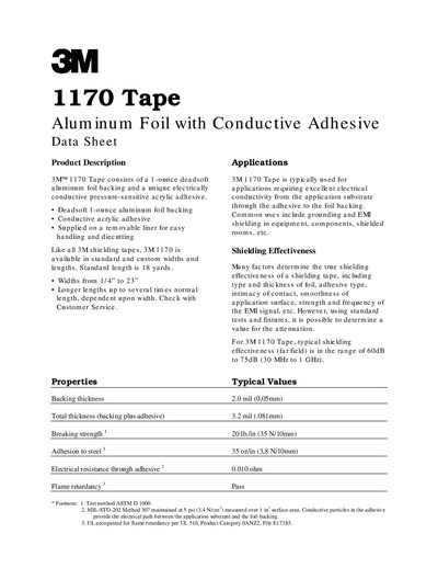 3M 1170 Tape Aluminum Foil Conductive Adhesive Data Sheet - cover page