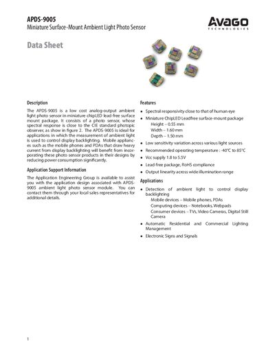 Avago APDS-9005 Ambient Light Photo Sensor Datasheet - cover page