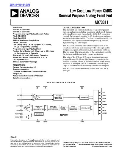 Analog Devices AD73311 Low Cost Low Power CMOS General Purpose Analog Front End Datasheet