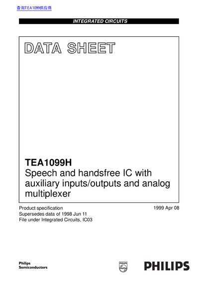 Philips TEA1099H Speech and Handsfree IC Datasheet - cover page