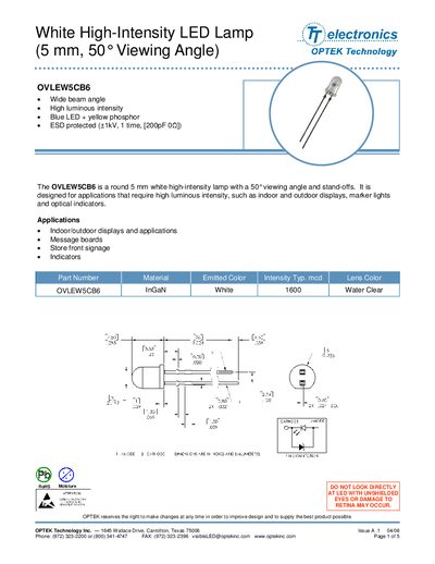Optek OVLEW5CB6 White High-Intensity LED Lamp Datasheet - cover page