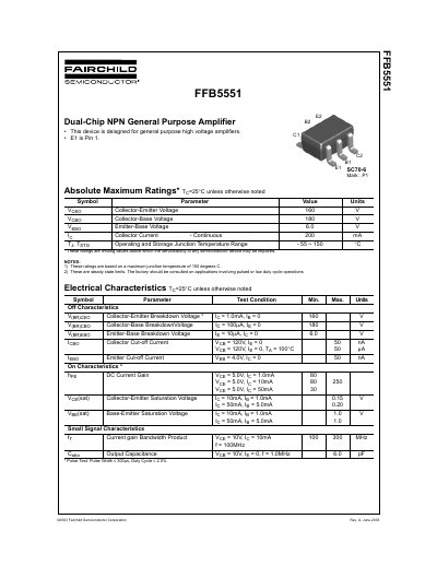 Fairchild Semiconductor FFB5551 Dual-Chip NPN General Purpose Amplifier Datasheet - cover page