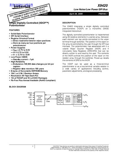 intersil X9420 Low Noise/Low Power/SPI Bus handbook - cover page