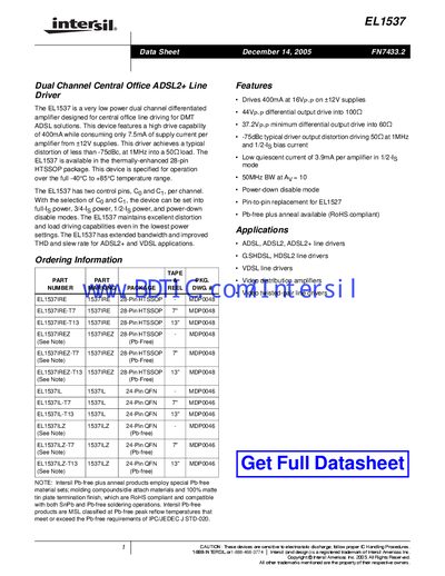 Intersil EL1537 Dual Channel ADSL2+ Line Driver Datasheet - cover page