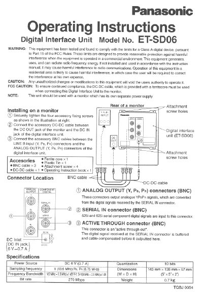 Panasonic ET-SD06 Digital Interface Unit Operating Instructions - cover page