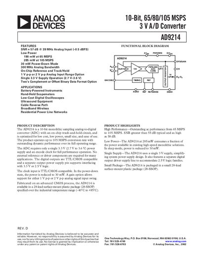 Analog Devices AD9214 Datasheet - cover page