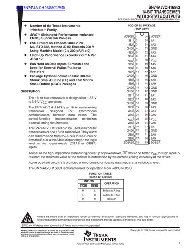 Texas Instruments SN74ALVCH16863 18‑bit Transceiver Datasheet - cover page