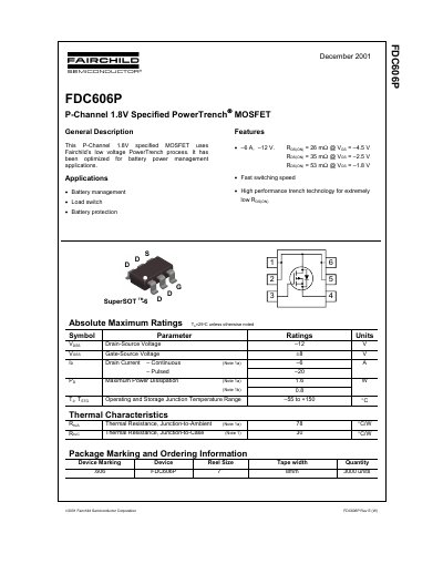 Fairchild Semiconductor FDC606P P-Channel MOSFET Datasheet - cover page