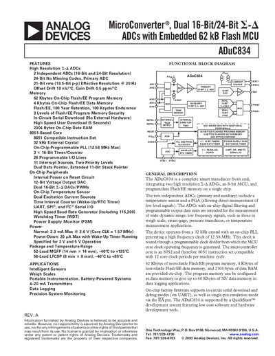 Analog Devices ADuC834 Datasheet - cover page