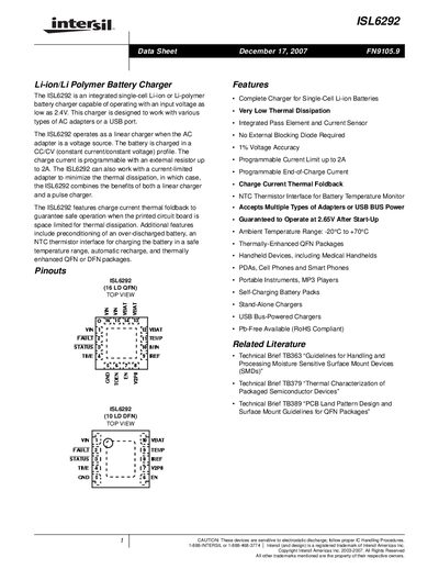 Intersil ISL6292 Li-ion/Li-Polymer Battery Charger Datasheet - cover page
