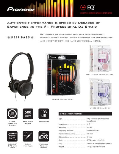 Pioneer SE-MJ21 EQ On-Ear Stereo Headphones Product Leaflet - cover page