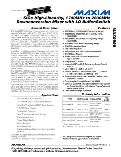 Maxim MAX9996 Downconversion Mixer Datasheet - cover page