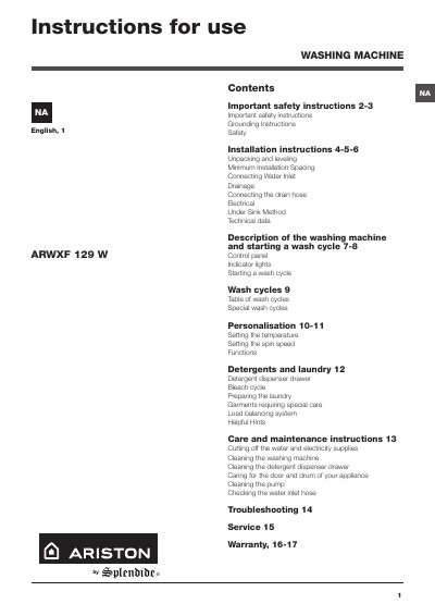 Indesit ARWXF 129 W Washing Machine User Manual - cover page
