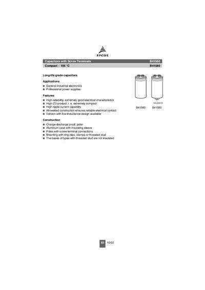 EPCOS B41560/B41580 Capacitors with Screw Terminals Product Data Sheet - cover page