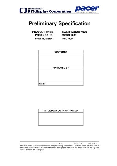 RITDISPLAY RGS15128128FH029 9919001000 PART NUMBER: PFO19001  - cover page