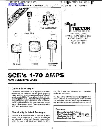 TECCOR SCR'S 1-70 AMPS NON-SENSITIVE GATE  - cover page