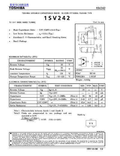 Toshiba 1SV242 Variable Capacitance Diode Datasheet - cover page