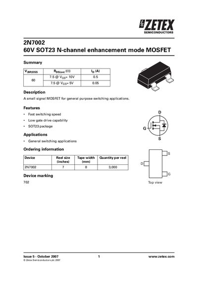 Zetex 2N7002 Datasheet - cover page