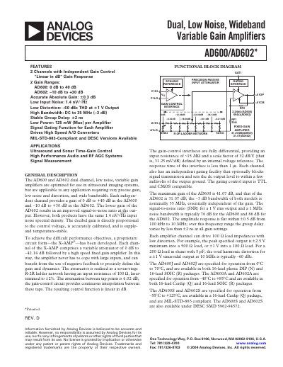 Analog Devices AD600/AD602 Dual Low‑Noise Wideband Variable‑Gain Amplifier Datasheet - cover page