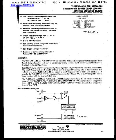 Texas Instruments TLC04/MF4A-50/TLC14/MF4A-100 Butterworth Fourth-Order Low-Pass Switched-Capacitor Filters Datasheet - cover page
