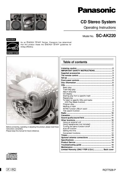 Panasonic SC-AK220 CD Stereo System Operating Instructions - cover page