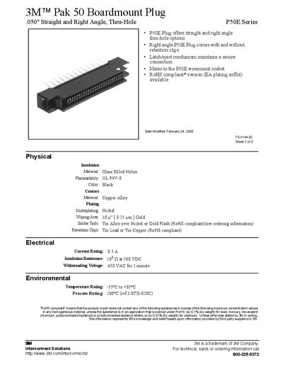3M P50E Pak 50 Boardmount Plug Product Data Sheet - cover page