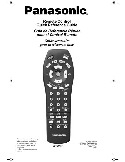 Panasonic EUR511501 Remote Control Quick Reference Guide - cover page