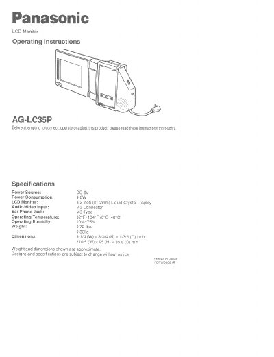 Panasonic AG-LC35P LCD Monitor Operating Instructions - cover page