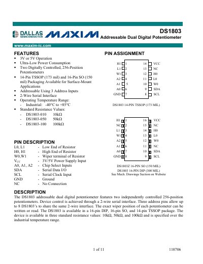 Maxim DS1803 Dual Digital Potentiometer Datasheet - cover page