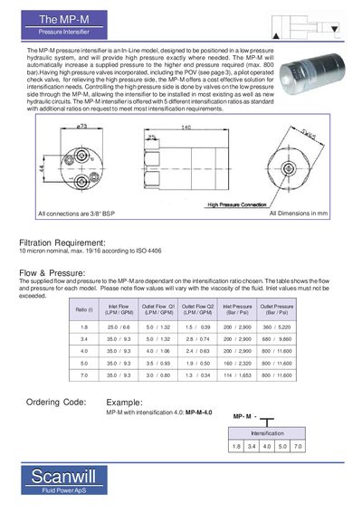 Scanwill MP-M Pressure Intensifier Datasheet