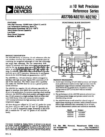 Analog Devices AD2700/AD2701/AD2702 Precision Voltage Reference Handbook - cover page