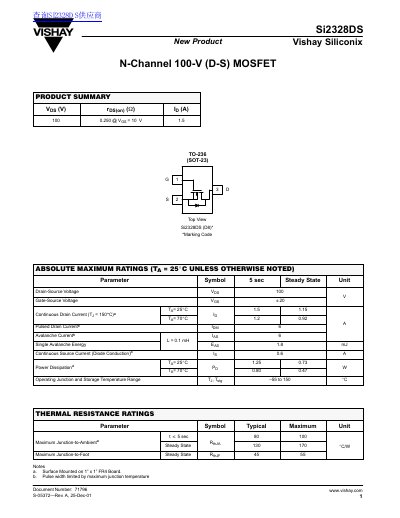 Vishay Siliconix Si2328DS N-Channel 100-V MOSFET Datasheet - cover page