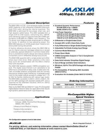 Maxim MAX1206 12‑Bit 40 Msps ADC Datasheet - cover page