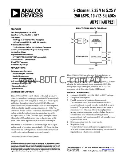 Analog Devices AD7911/AD7921 ADC Datasheet - cover page