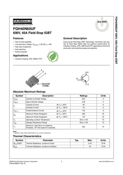 Fairchild Semiconductor FGH40N60UF 600V 40A Field Stop IGBT Datasheet - cover page
