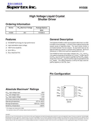 Supertex HV508 High Voltage Liquid Crystal Shutter Driver Datasheet - cover page