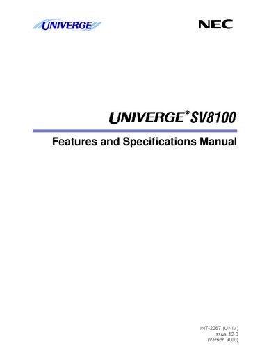 NEC UNIVERGE SV8100 Features and Specifications Manual - cover page