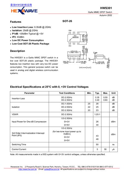 Hexawave HWS301 GaAs MMIC SPDT Switch Datasheet - cover page
