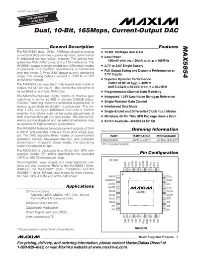 Maxim MAX5854 Dual 10‑Bit 165Msps Current‑Output DAC Datasheet - cover page
