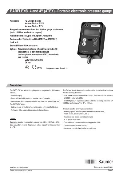 BAUMER BARFLEX 4 and 4Y (ATEX) Technical Data Sheet - cover page