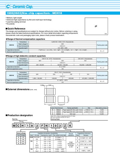 ceramic 1608(0603)Size chip capacitors : MCH18 - cover page