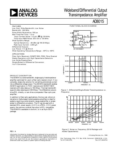 Analog Devices AD8015 Wideband/Differential Output Transimpedance Amplifier Datasheet - cover page