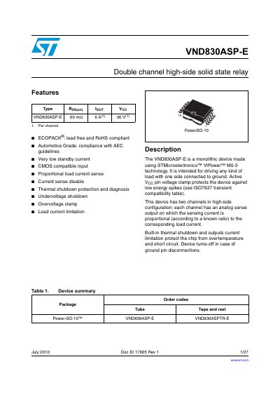 STMicroelectronics VND830ASP-E Double Channel High-Side Solid State Relay Datasheet