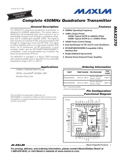 Maxim Integrated MAX2370 Quadrature Transmitter Datasheet - cover page