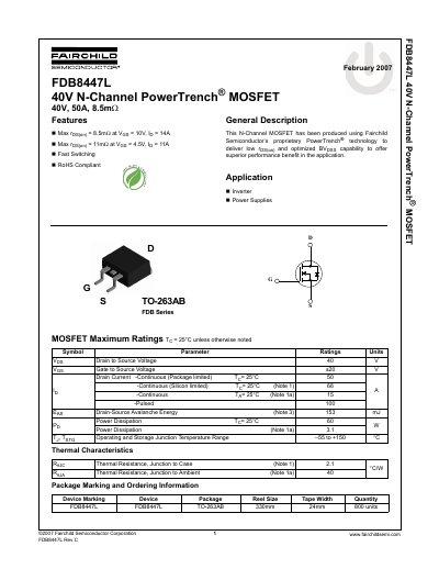 Fairchild FDB8447L 40V N-Channel PowerTrench MOSFET Datasheet - cover page