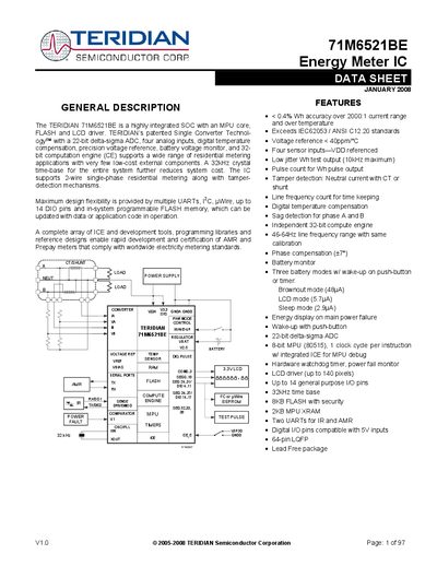 Teridian 71M6521BE Energy Meter IC Datasheet - cover page