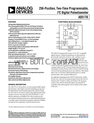 Analog Devices AD5170 Digital Potentiometer Datasheet - cover page