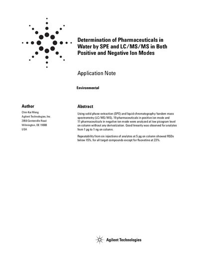 Agilent 1200 LC/G6410A Pharma Analysis Application Note - cover page